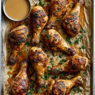 Deliciously baked chicken legs served with vegetables on a plate.