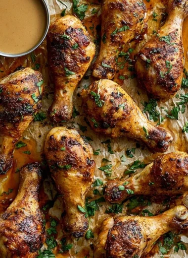 Deliciously baked chicken legs served with vegetables on a plate.