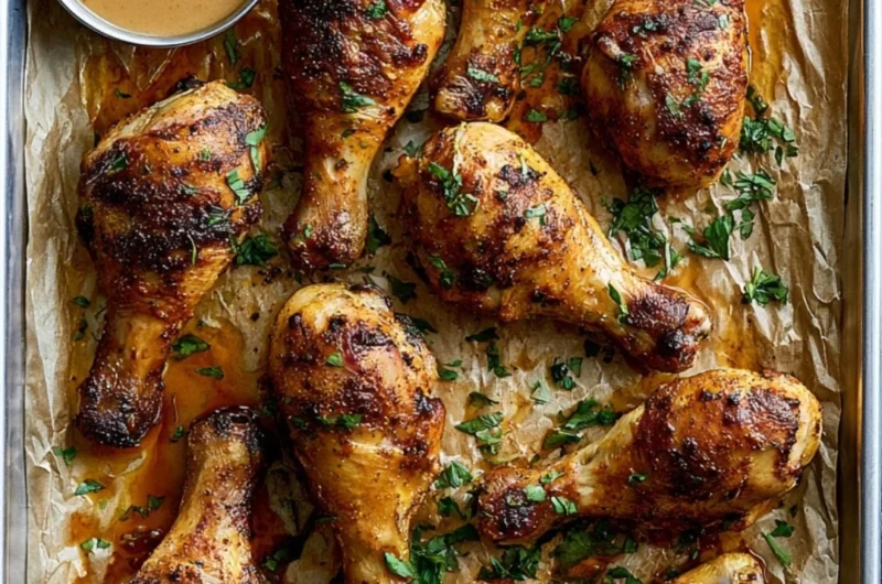 Deliciously baked chicken legs served with vegetables on a plate.