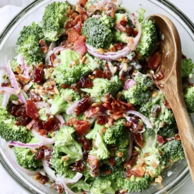 Bowl of Broccoli Bacon Salad with fresh ingredients and crispy bacon