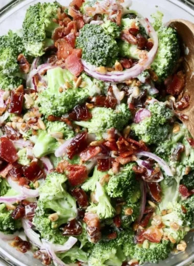 Bowl of Broccoli Bacon Salad with fresh ingredients and crispy bacon