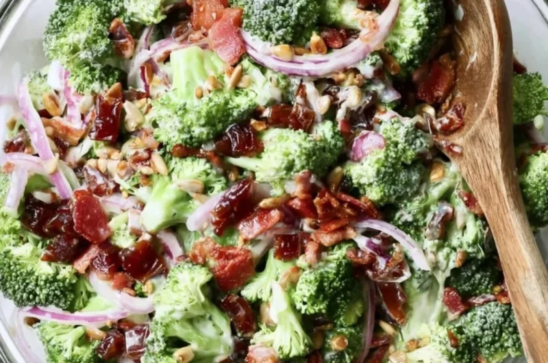 Bowl of Broccoli Bacon Salad with fresh ingredients and crispy bacon