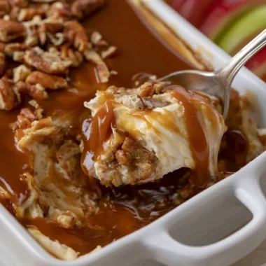 Caramel Apple Cheesecake Dip served with apple slices and caramel drizzle