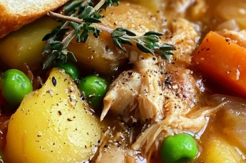 Bowl of hearty Chicken Vegetable Stew with fresh veggies and tender chicken.