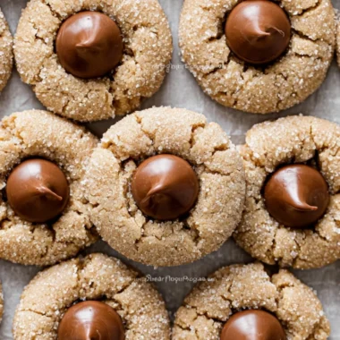 Freshly baked Peanut Butter Blossoms with chocolate kisses on a cooling rack