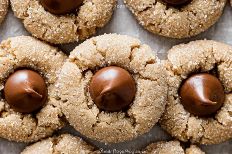 Freshly baked Peanut Butter Blossoms with chocolate kisses on a cooling rack