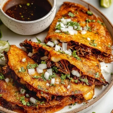 Delicious homemade birria tacos served on a plate with dipping sauce.