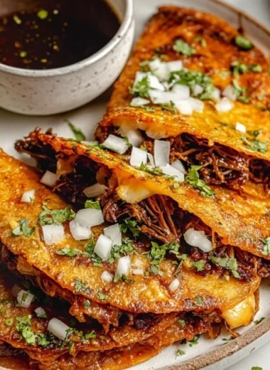 Delicious homemade birria tacos served on a plate with dipping sauce.