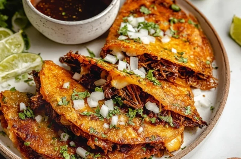 Delicious homemade birria tacos served on a plate with dipping sauce.