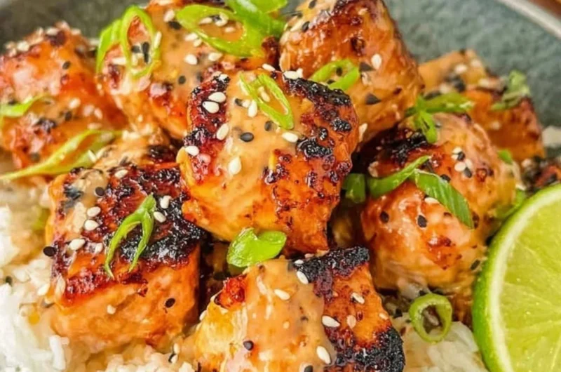 Delicious Bang Bang Salmon dish served with rice and vegetables