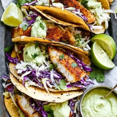 Delicious blackened fish tacos with avocado cream sauce on a plate