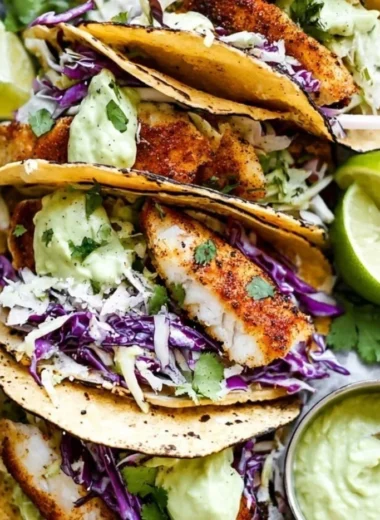 Delicious blackened fish tacos with avocado cream sauce on a plate