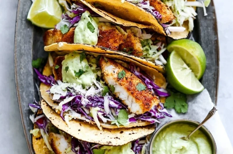 Delicious blackened fish tacos with avocado cream sauce on a plate