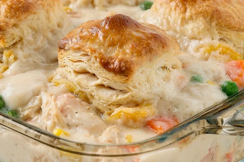 Cozy chicken pot pie casserole with chicken, vegetables, and flaky crust.