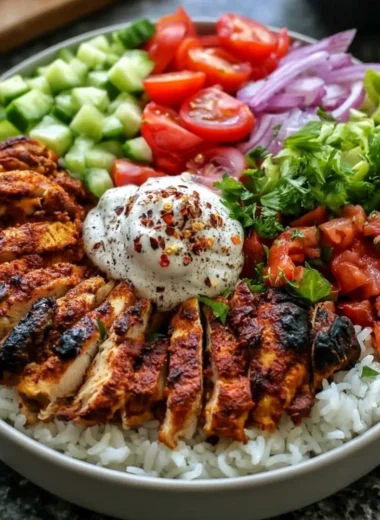 Delicious Cozy Chicken Shawarma Bowl with spices and fresh ingredients