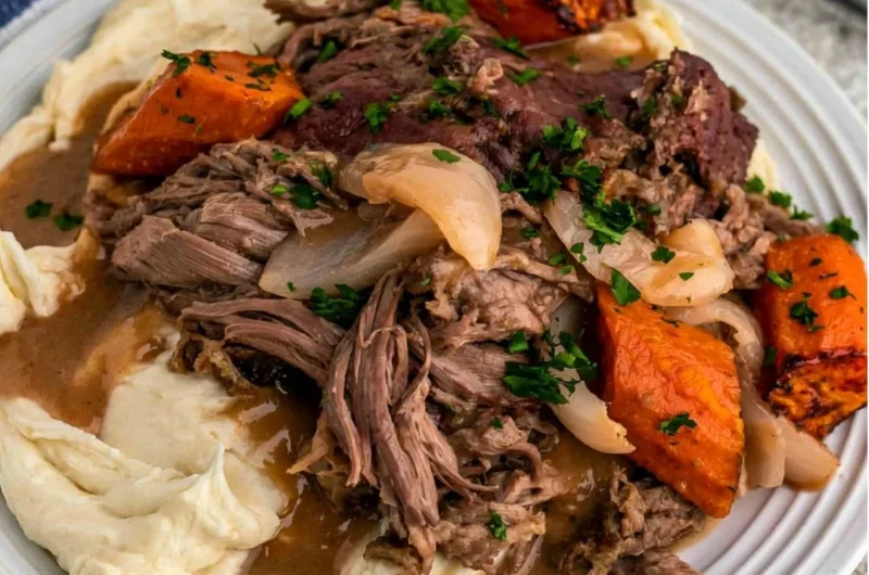 Cozy crock pot 3-packet pot roast served with vegetables