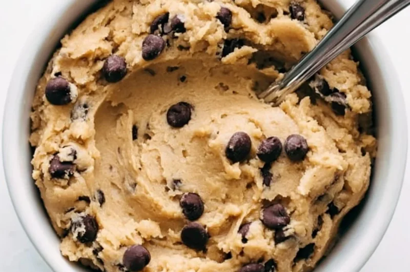 Cozy edible cookie dough in a bowl with chocolate chips