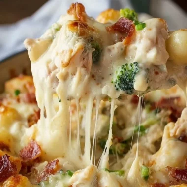 Cozy Loaded Chicken Alfredo Gnocchi Bake served in a dish, topped with cheese and herbs.