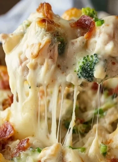 Cozy Loaded Chicken Alfredo Gnocchi Bake served in a dish, topped with cheese and herbs.