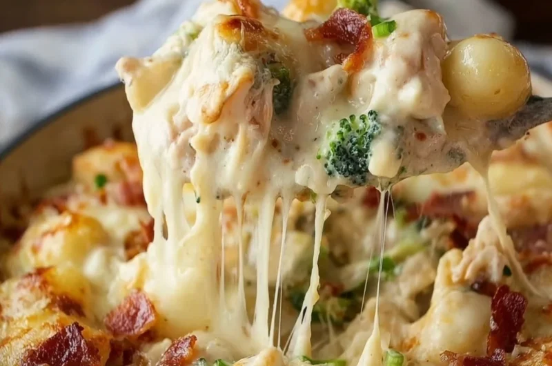 Cozy Loaded Chicken Alfredo Gnocchi Bake served in a dish, topped with cheese and herbs.