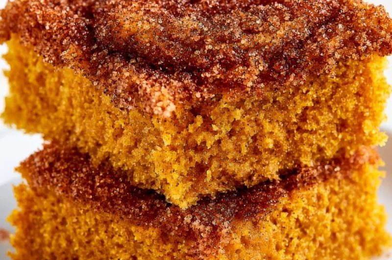 Cozy pumpkin snickerdoodle snack cake topped with cinnamon sugar
