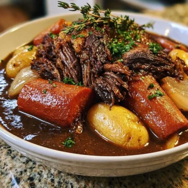 Cozy slow cooker pot roast with vegetables and herbs in a rustic serving dish