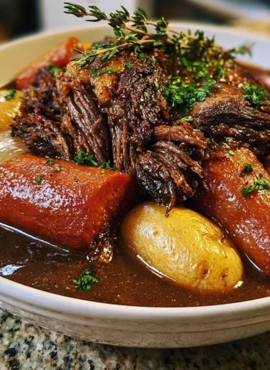 Cozy slow cooker pot roast with vegetables and herbs in a rustic serving dish