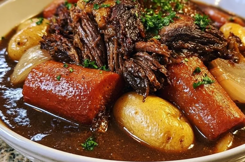 Cozy slow cooker pot roast with vegetables and herbs in a rustic serving dish