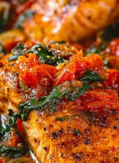 Delicious Tuscan garlic salmon served with fresh herbs and a lemon wedge