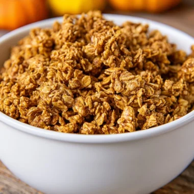Homemade pumpkin spice granola in a bowl with fall leaves background.