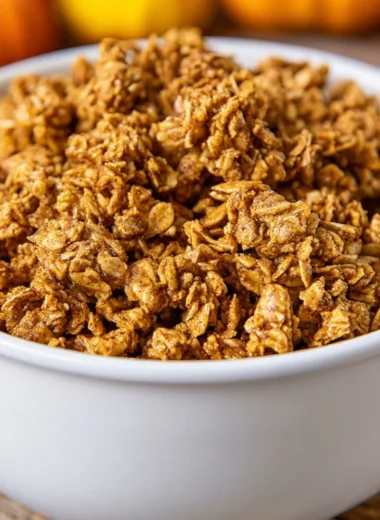 Homemade pumpkin spice granola in a bowl with fall leaves background.
