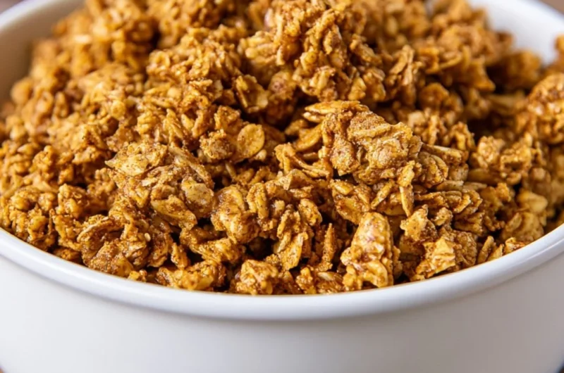 Homemade pumpkin spice granola in a bowl with fall leaves background.