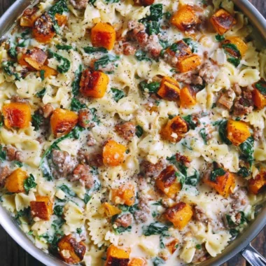 Creamy butternut squash pasta with sausage and spinach served in a bowl