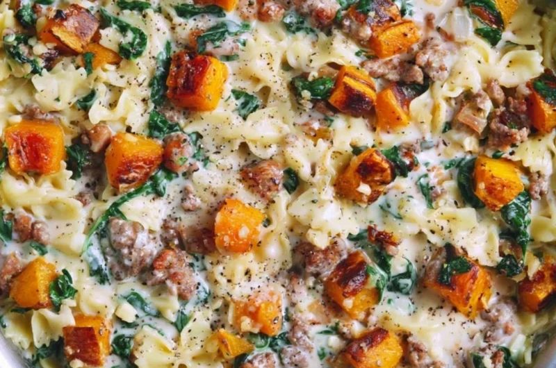 Creamy butternut squash pasta with sausage and spinach served in a bowl