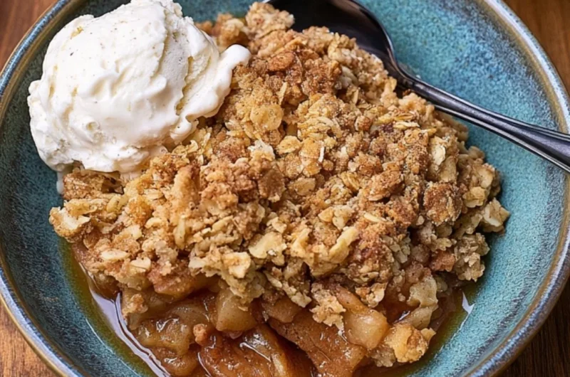 Delicious cast iron apple crisp dessert topped with oats and cinnamon