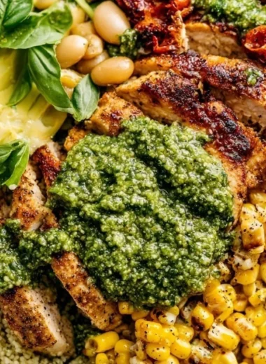 A plate of delicious pesto chicken garnished with fresh basil and cherry tomatoes.