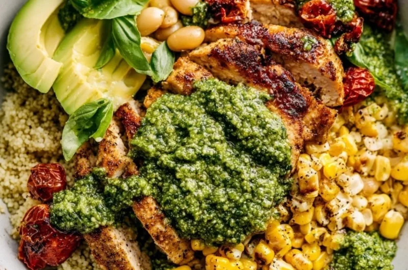 A plate of delicious pesto chicken garnished with fresh basil and cherry tomatoes.