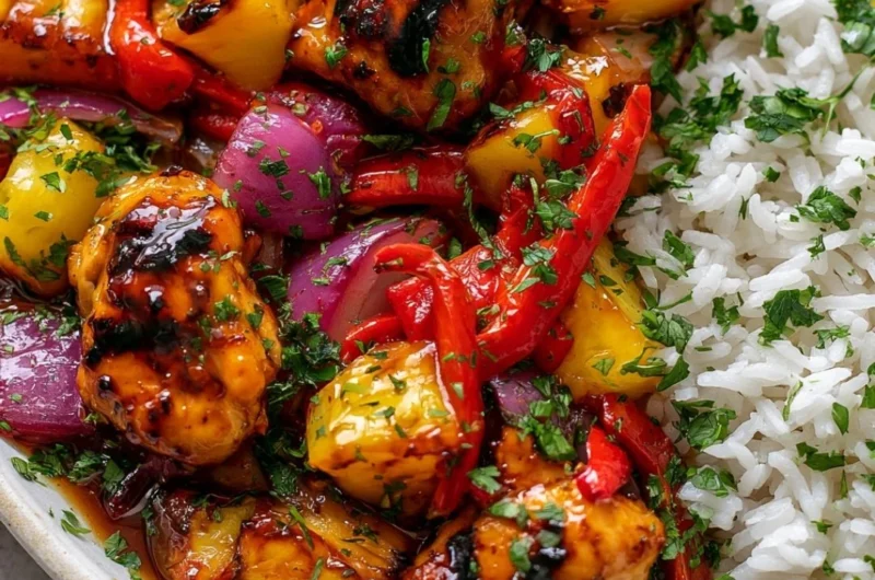 Delicious Hawaiian Chicken Sheet Pan meal with vibrant vegetables