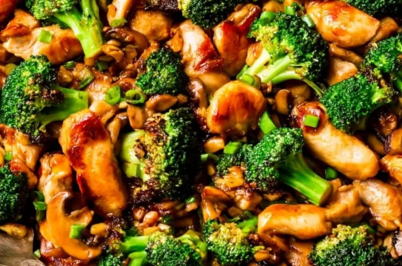 Healthy chicken stir fry with broccoli on a plate