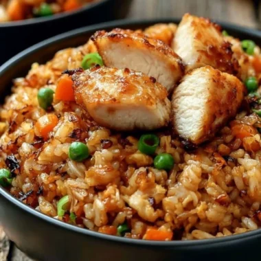 Plate of high protein crispy garlic chicken fried rice garnished with herbs