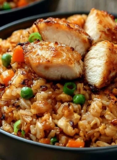 Plate of high protein crispy garlic chicken fried rice garnished with herbs