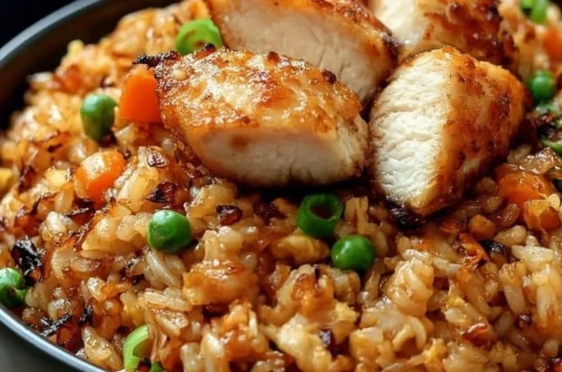 Plate of high protein crispy garlic chicken fried rice garnished with herbs