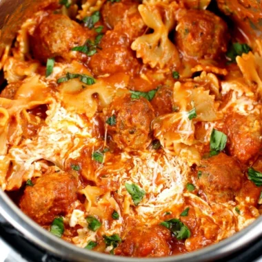 Instant Pot meatball lasagna dish served in a bowl