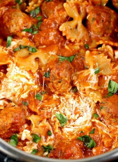 Instant Pot meatball lasagna dish served in a bowl