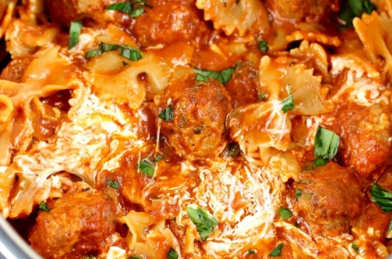 Instant Pot meatball lasagna dish served in a bowl