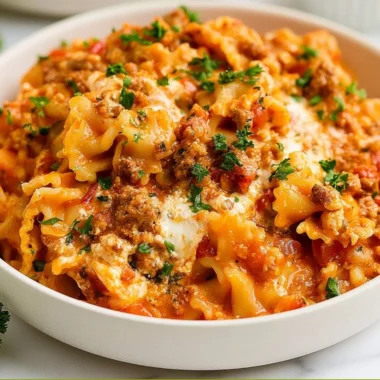Instant Pot Lazy Lasagna served in a bowl with melted cheese and herbs