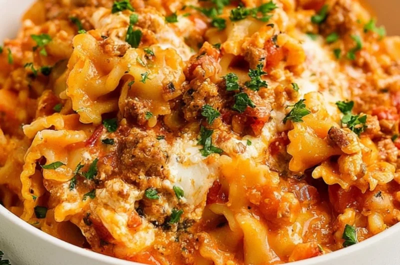 Instant Pot Lazy Lasagna served in a bowl with melted cheese and herbs