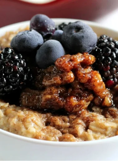 Maple and Brown Sugar Baked Oatmeal in a bowl topped with fruits