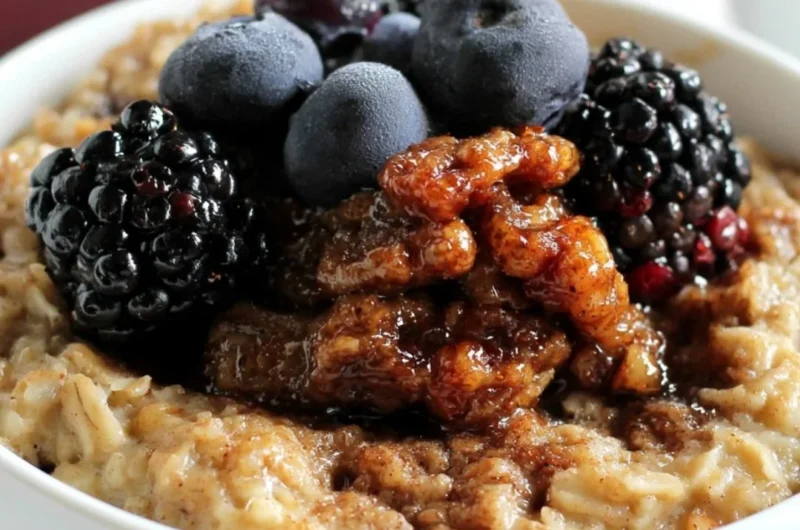 Maple and Brown Sugar Baked Oatmeal in a bowl topped with fruits