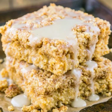Protein-packed sugar-free cinnamon roll baked oatmeal served in a bowl